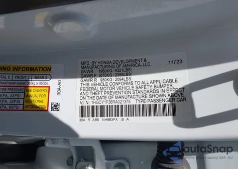 2024 Honda Accord Ex z USA, uszkodzony, nr VIN 1HGCY1F36RA021375